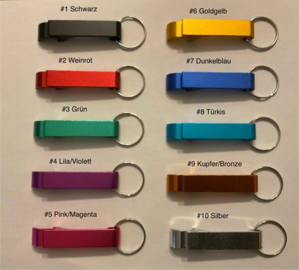 Übersicht aller 10 verfügbaren Farben für Flaschenöffner-Schlüsselanhänger aus Aluminium: Schwarz, Weinrot, Grün, Lila/Violett, Pink/Magenta, Goldgelb, Dunkelblau, Türkis, Kupfer/Bronze und Silber